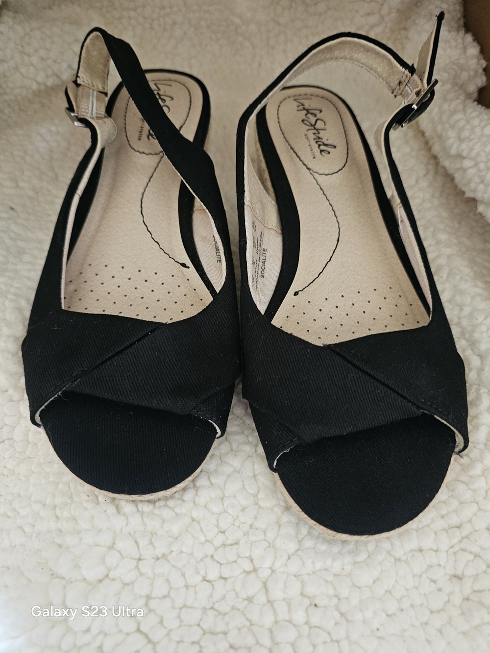 Life Stride Black Crisscross Peep-Toe Slingback Wedges